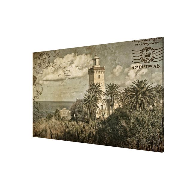 Wanddeko grün Vintage Postkarte mit Leuchtturm und Palmen