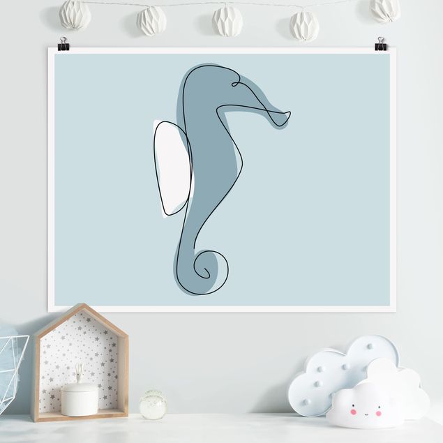 Wanddeko blau Seepferdchen Line Art