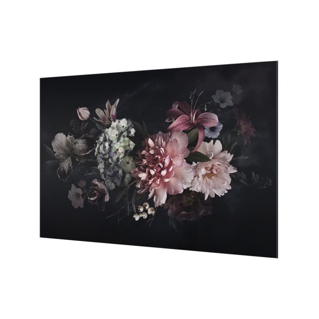 Deko Fotomontage Blumen mit Nebel auf Schwarz