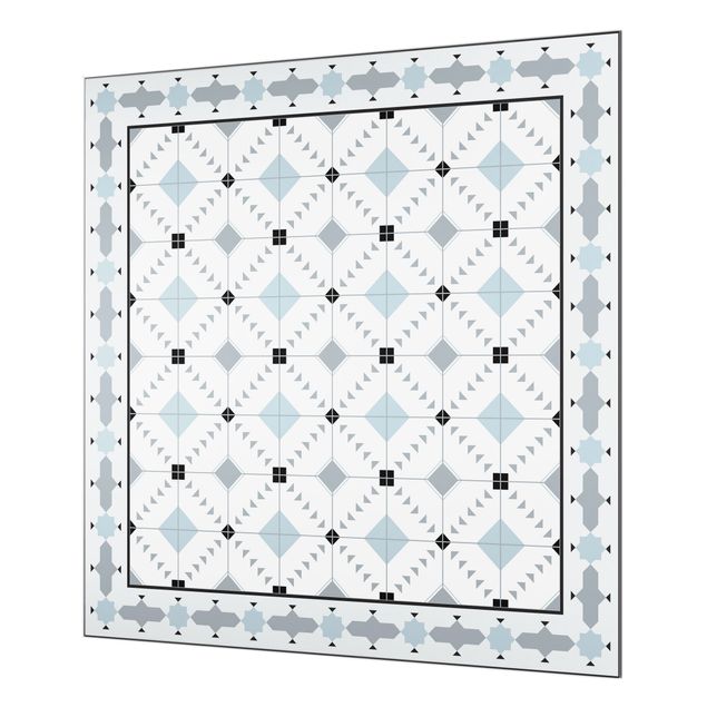 Glasrückwand Küche Muster Geometrische Fliesen Ikat Blau mit Bordüre