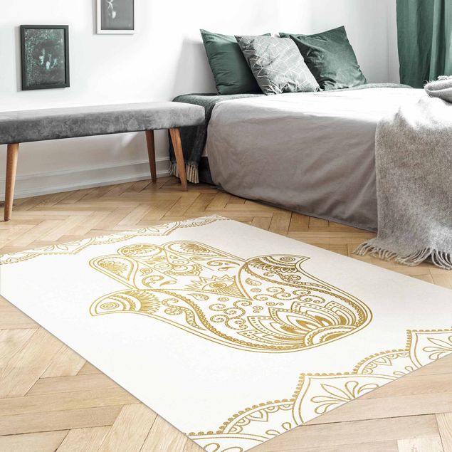 Wanddeko Esszimmer Hamsa Hand Lotus OM Illustration Set gold