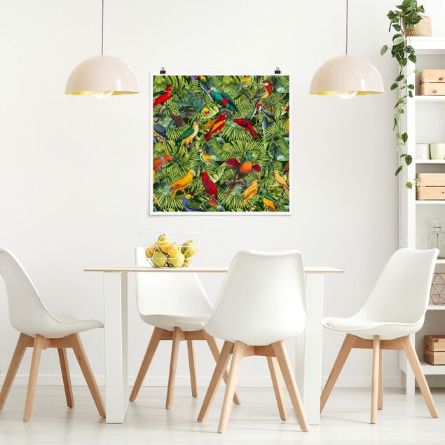 Wanddeko Flur Bunte Collage - Papageien im Dschungel
