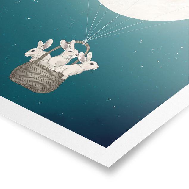 Wanddeko Jugendzimmer Illustration Hasen Mond-Heißluftballon Sternenhimmel