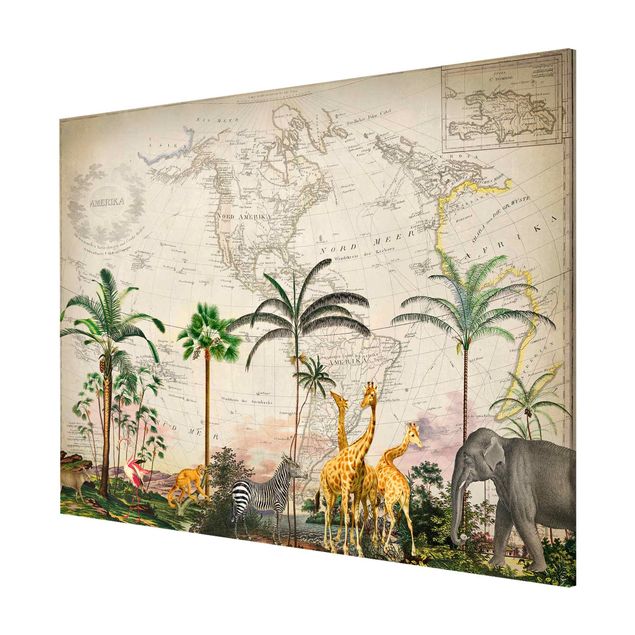 Wanddeko Wohnzimmer Vintage Collage - Tierwelt auf Weltkarte
