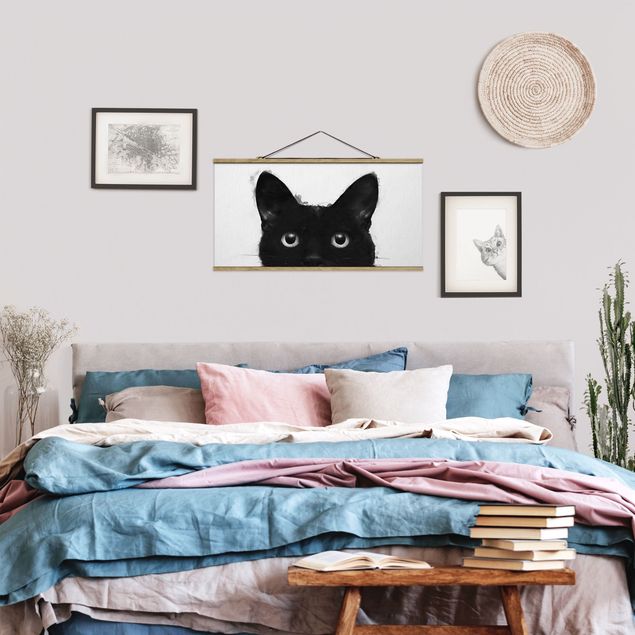 Wanddeko Schlafzimmer Illustration Schwarze Katze auf Weiß Malerei