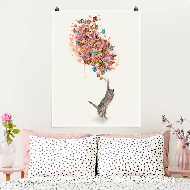 Wanddeko Schlafzimmer Illustration Katze mit bunten Schmetterlingen Malerei
