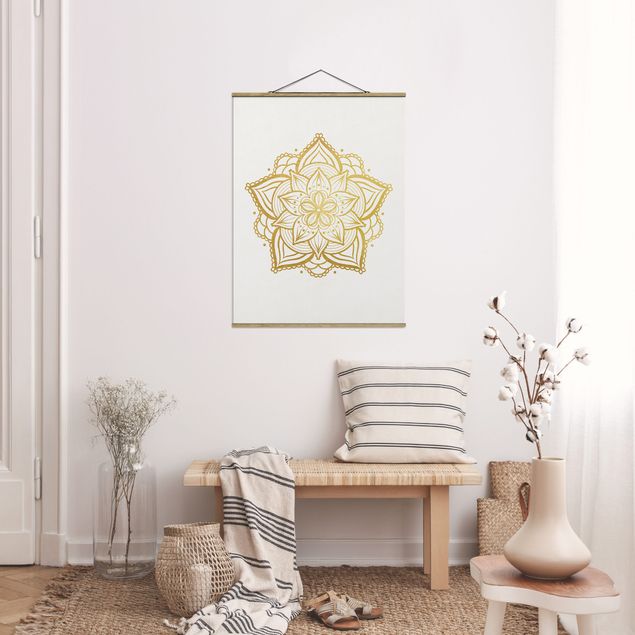 Wanddeko Schlafzimmer Mandala Blüte Illustration weiß gold