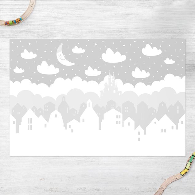 Wanddeko grau Sternenhimmel mit Häusern und Mond in grau