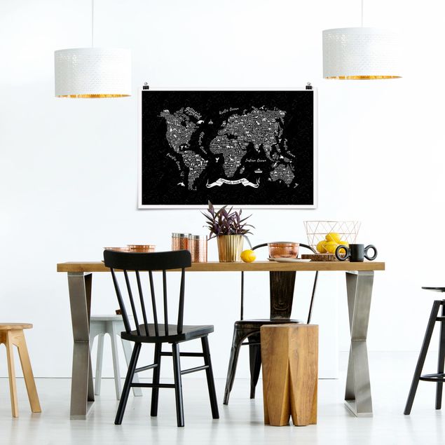 Wanddeko Esszimmer Typografie Weltkarte schwarz