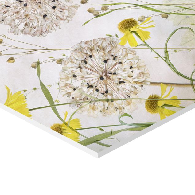 Wanddeko über Sofa Allium und Helenium Illustration