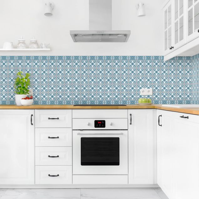 Küche Dekoration Geometrischer Fliesenmix Kreise Blaugrau