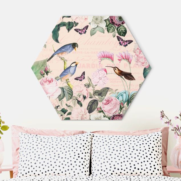 Wanddeko Schlafzimmer Vintage Collage - Rosen und Vögel