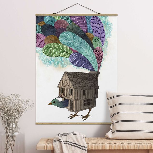 Wanddeko Wohnzimmer Illustration Vogel Haus mit Federn