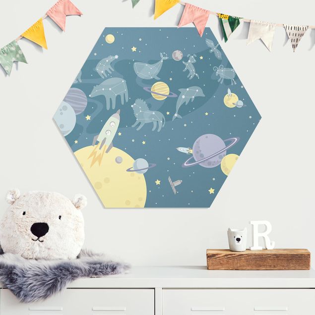 Babyzimmer Deko Planeten mit Sternzeichen und Raketen