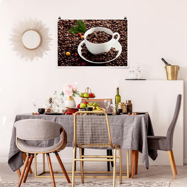 Wanddeko Esszimmer Kaffeetasse mit gerösteten Kaffeebohnen