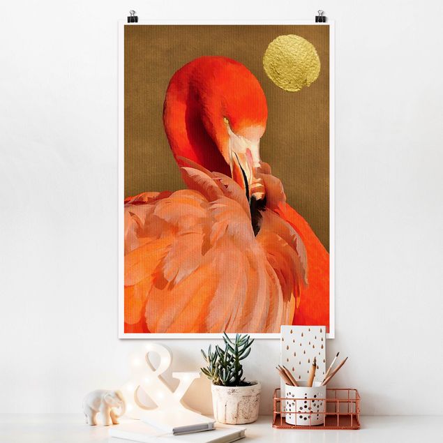 Wanddeko Schlafzimmer Goldener Mond mit Flamingo