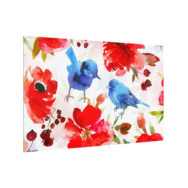 Wohndeko Blumen Aquarellierte Vögel in Blau mit Rosen