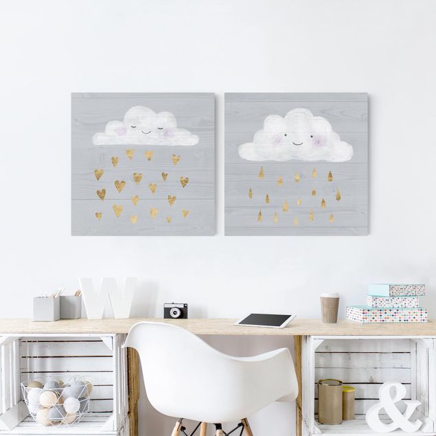 Wanddeko Büro Wolken mit goldenen Herzen und Tropfen Set I