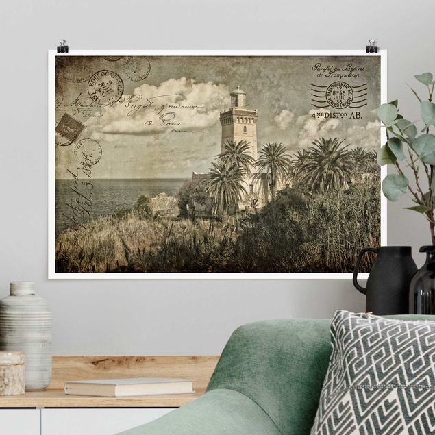 Wanddeko Schlafzimmer Vintage Postkarte mit Leuchtturm und Palmen