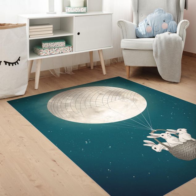 Wanddeko Jungenzimmer Illustration Hasen Mond-Heißluftballon Sternenhimmel