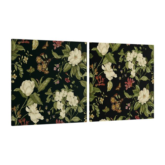Wanddeko Flur Gartenblumen auf Schwarz Set I