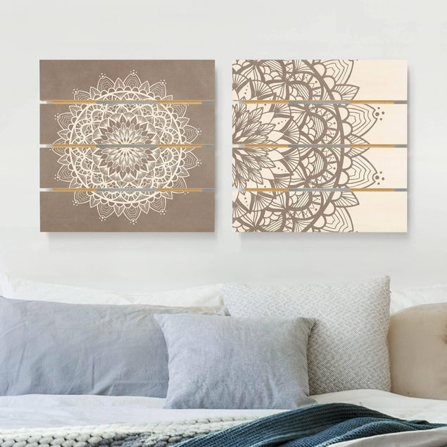 Wanddeko Schlafzimmer Mandala Illustration shabby Set beige weiß