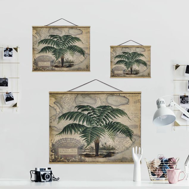 Wanddeko Büro Vintage Collage - Palme und Weltkarte