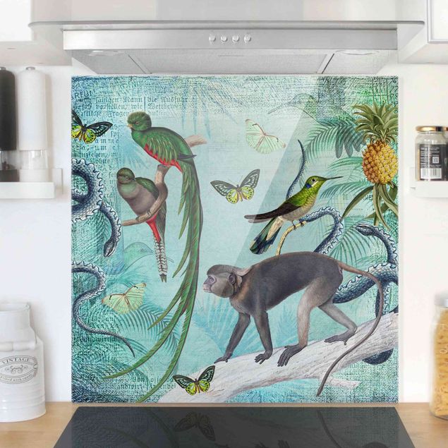 Wanddeko Küche Colonial Style Collage - Äffchen und Paradiesvögel