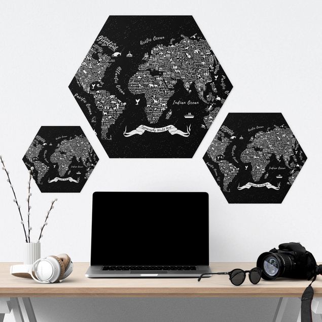 Wanddeko über Bett Typografie Weltkarte schwarz