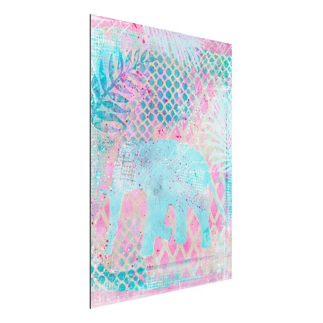 Wanddeko blau Bunte Collage - Elefant in Blau und Rosa