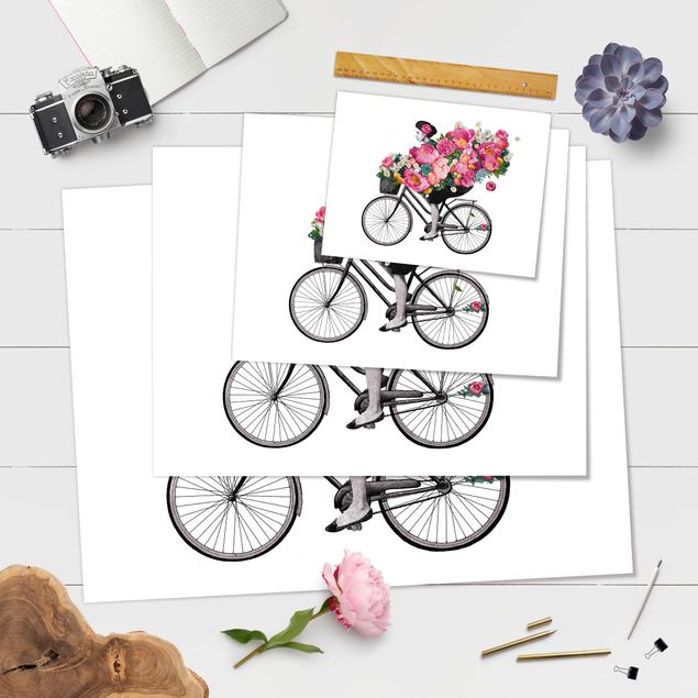 Wanddeko Treppenhaus Illustration Frau auf Fahrrad Collage bunte Blumen