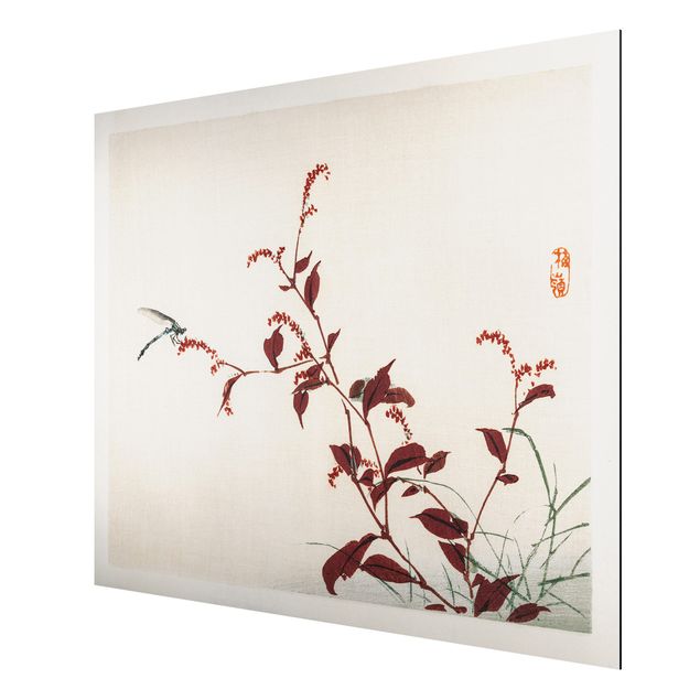 Wanddeko Esszimmer Asiatische Vintage Zeichnung Roter Zweig mit Libelle