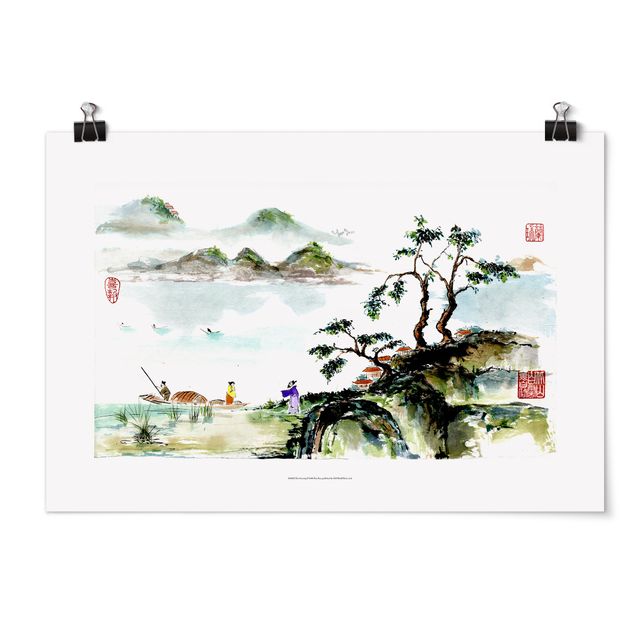 Wanddeko Büro Japanische Aquarell Zeichnung See und Berge