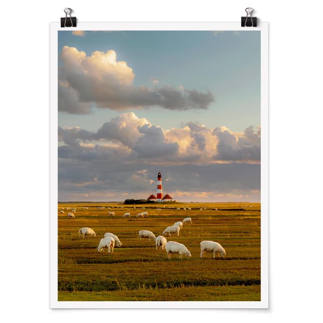 Wanddeko grün Nordsee Leuchtturm mit Schafsherde