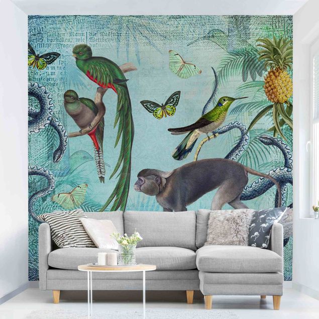 Wanddeko Küche Colonial Style Collage - Äffchen und Paradiesvögel