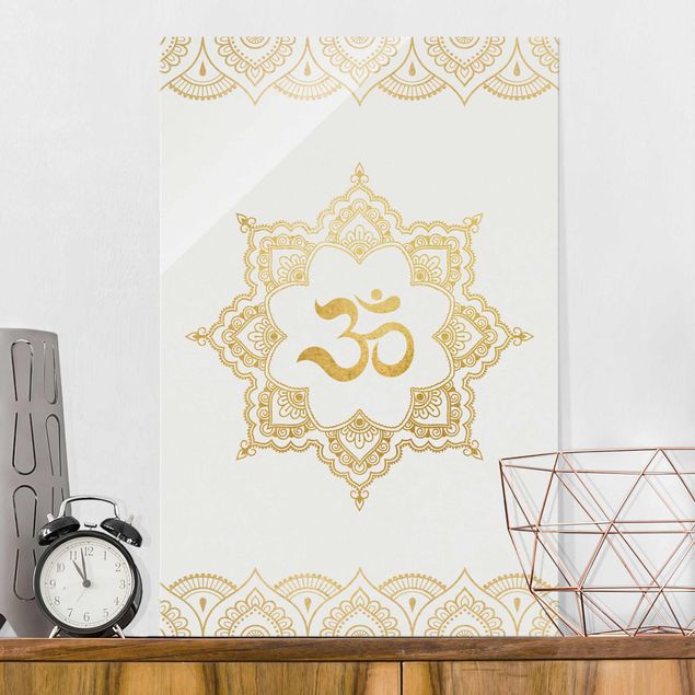 Wanddeko Schlafzimmer Mandala OM Illustration Ornament weiß gold