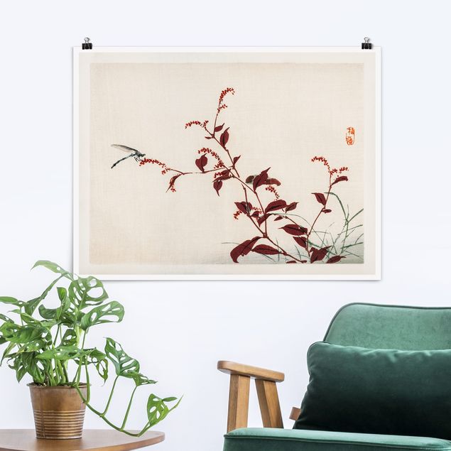 Wanddeko Schlafzimmer Asiatische Vintage Zeichnung Roter Zweig mit Libelle