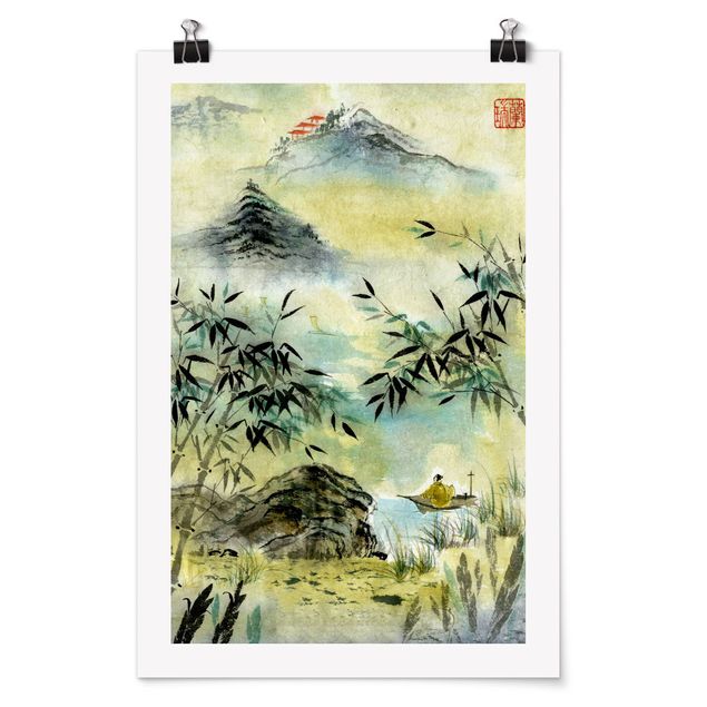 Wanddeko Flur Japanische Aquarell Zeichnung Bambuswald