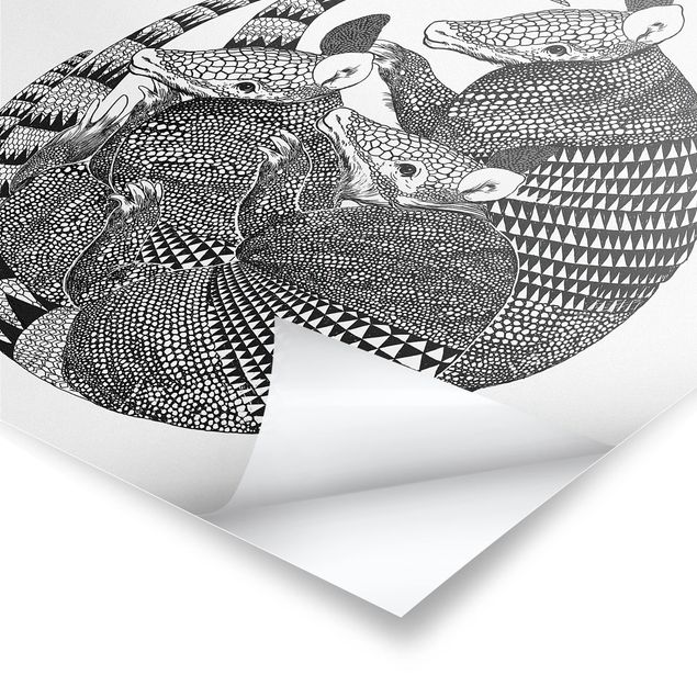 Wanddeko über Sofa Illustration Gürteltiere Schwarz Weiß Muster
