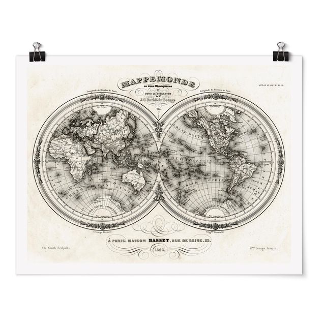 Wanddeko Büro Weltkarte - Französische Karte der Hemissphären von 1848