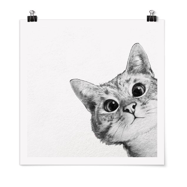 Wanddeko Esszimmer Illustration Katze Zeichnung Schwarz Weiß