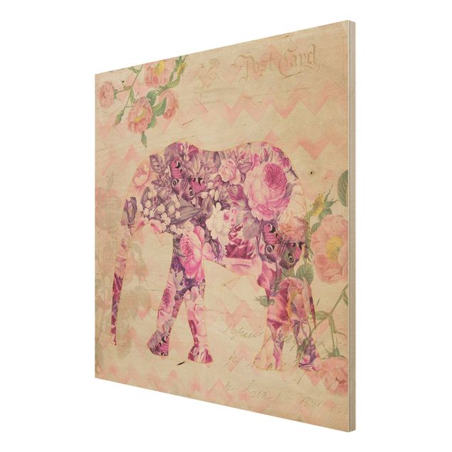 Wanddeko Flur Vintage Collage - Rosa Blüten Elefant