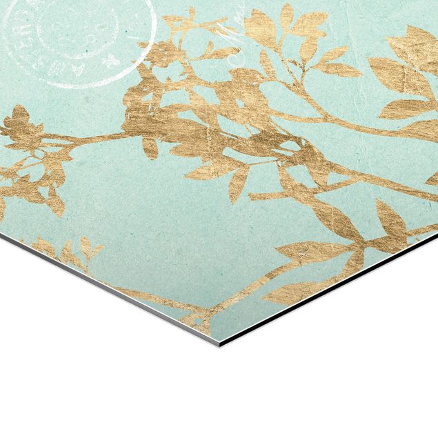 Wanddeko über Bett Goldene Blätter auf Turquoise I