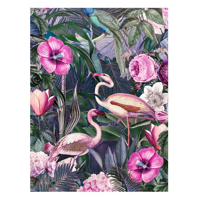 Wanddeko Esszimmer Bunte Collage - Pinke Flamingos im Dschungel