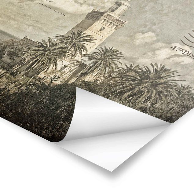 Wanddeko über Sofa Leuchtturm und Palmen - Vintage Postkarte