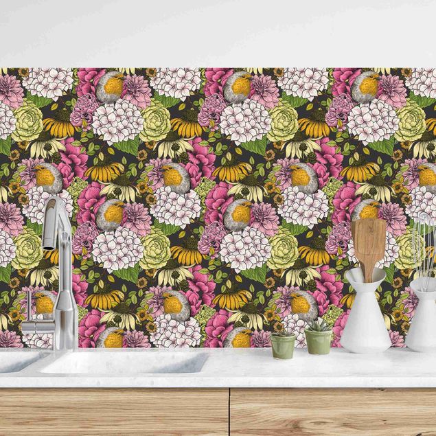 Wanddeko Küche Rotkehlchen mit Blumen