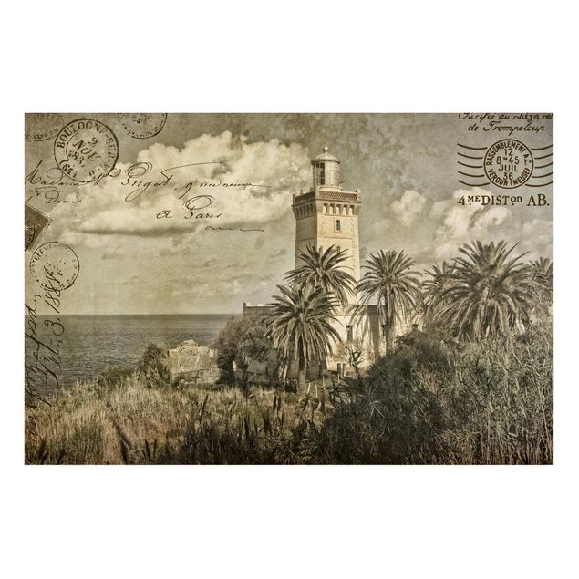 Wanddeko Esszimmer Vintage Postkarte mit Leuchtturm und Palmen