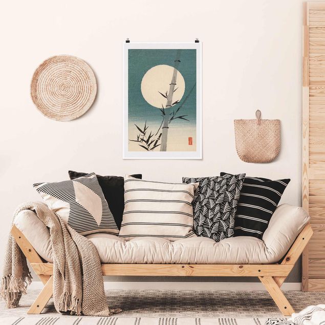 Wanddeko Schlafzimmer Japanische Zeichnung Bambus und Mond