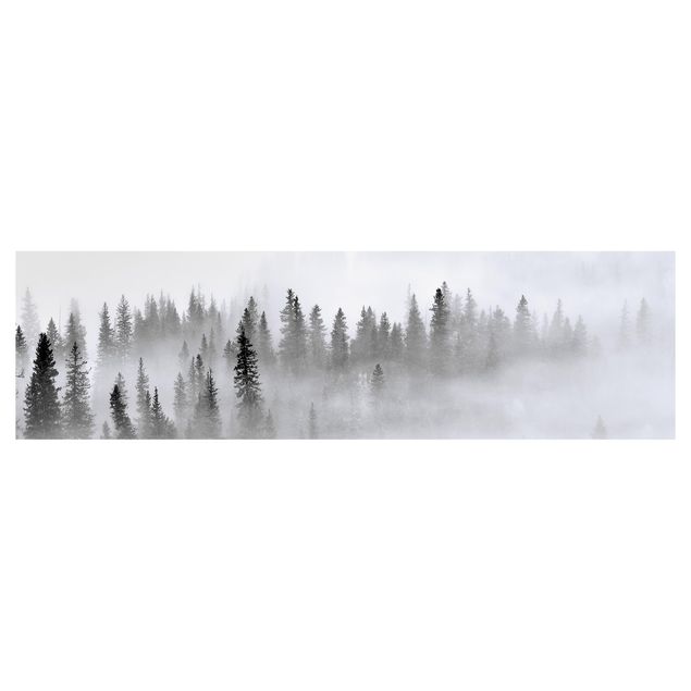 Küchenrückwand Folie Nebel im Tannenwald Schwarz-weiß