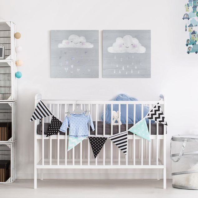Wanddeko Babyzimmer Wolken mit silbernen Herzen und Tropfen Set I